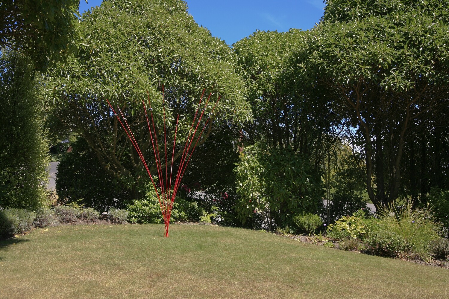 10x2m red Windsticks with stones in a garden with bush backdrop, creating a lovely sculpture-like display