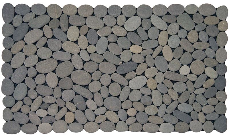 Handmade stonemat featuring natural grey stones arranged in a random pattern, crafted with authentic New Zealand river stones