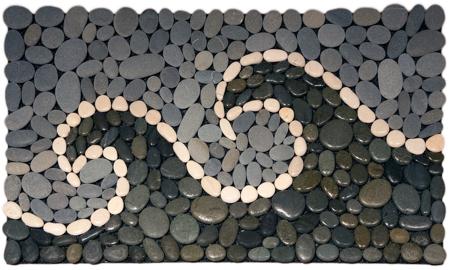 DOUBLE WAVE Stonemat with two white stone waves, polished dark stones below, and natural grey stones above