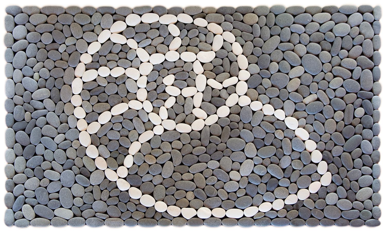 Handmade stonemat featuring a nautilus shell design in white stones surrounded by natural river stones