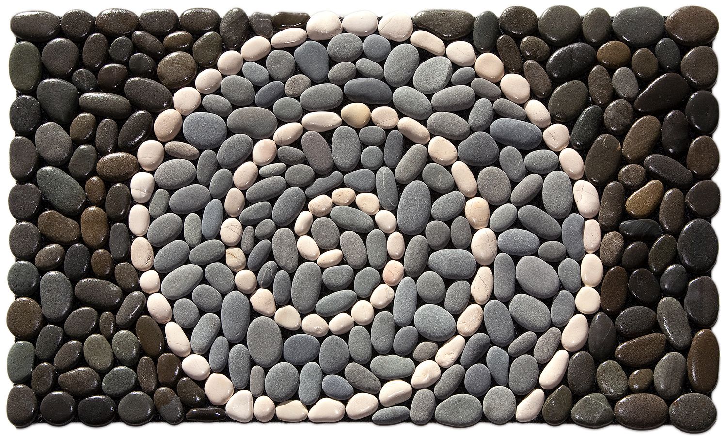 SPIRAL WHITE Stonemat with a white stone spiral, polished dark stones, and natural grey stones in a handmade design