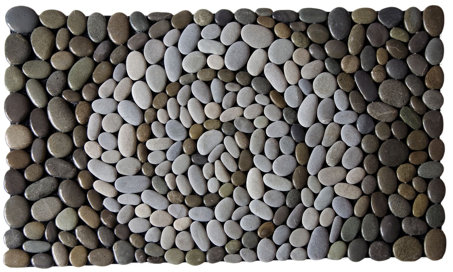 Handmade SPIRAL DARK Stonemat featuring a bold spiral of polished dark stones surrounded by natural grey stones.