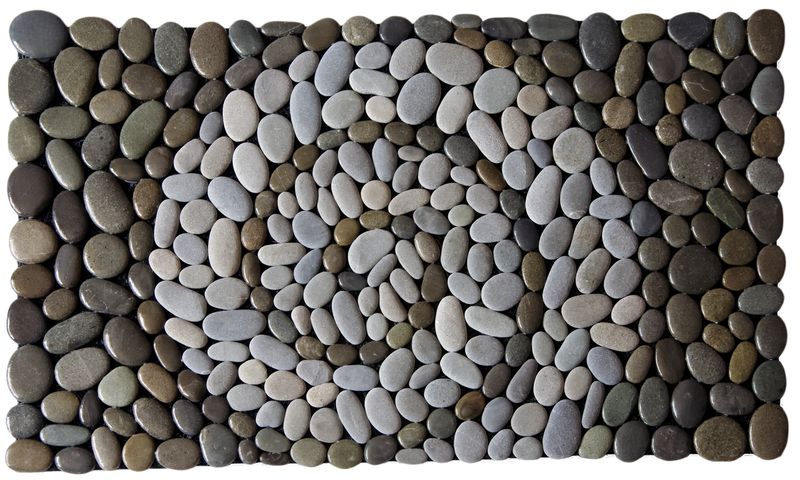 Handmade SPIRAL DARK Stonemat featuring a bold spiral of polished dark stones surrounded by natural grey stones.