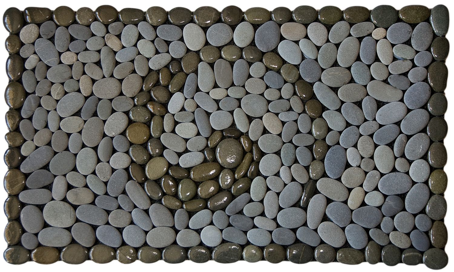 Koru Dark Stonemat featuring a polished koru spiral, a polished stone border, and natural grey stones in a handmade design.