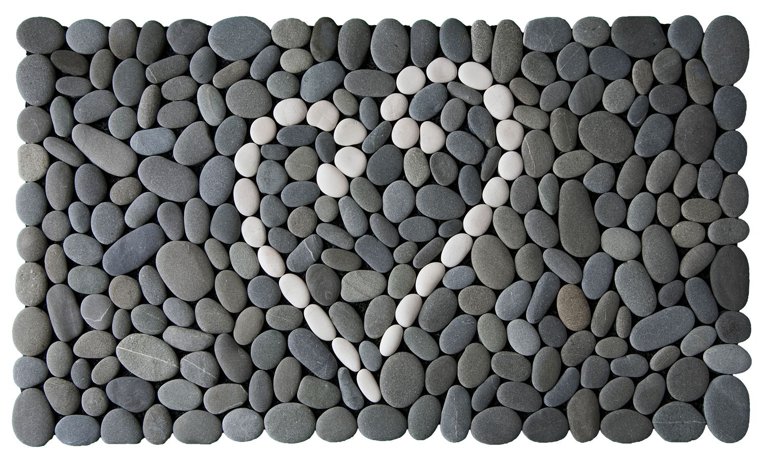 Koru Heart Stonemat featuring a heart shape made from two white koru spirals surrounded by natural grey stones