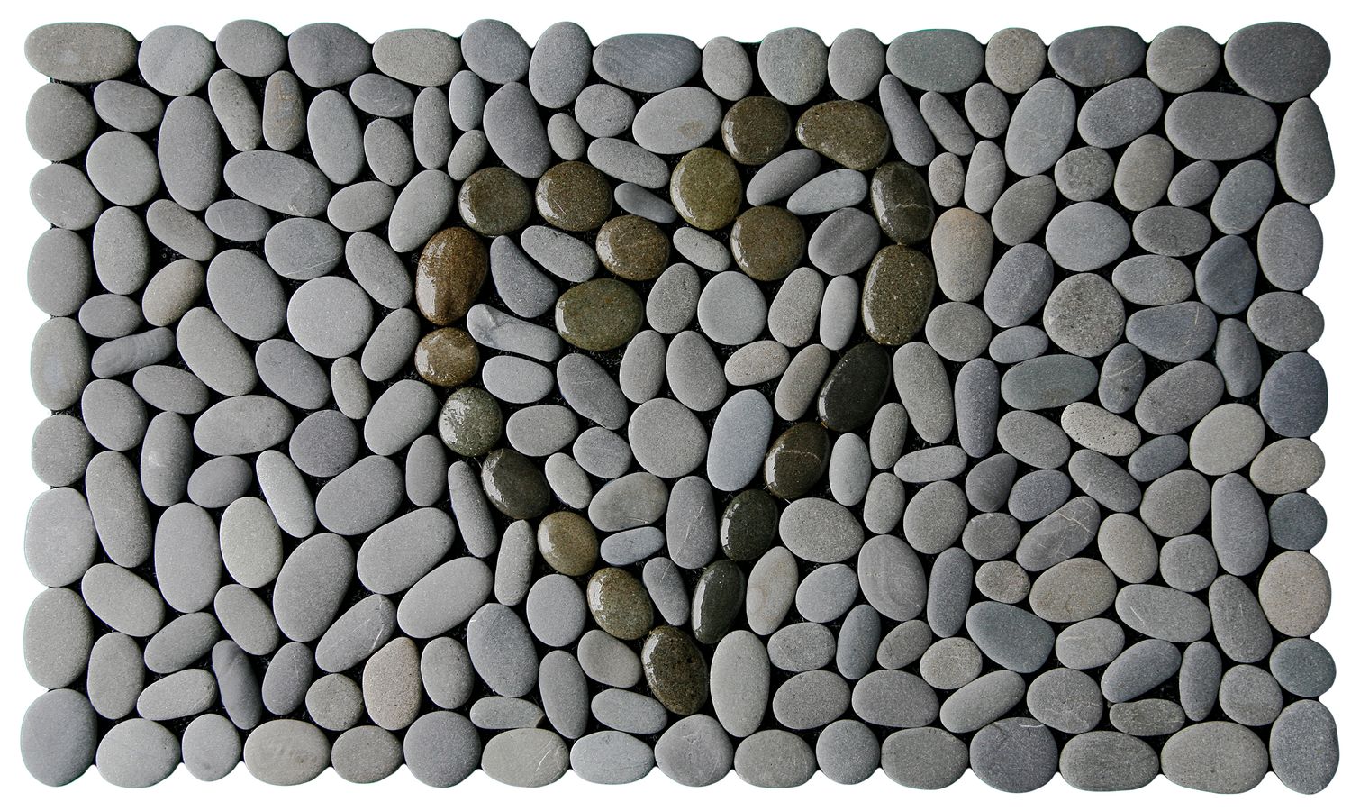 Koru Heart Stonemat featuring a heart shape made from dark polished koru spirals surrounded by natural grey stones