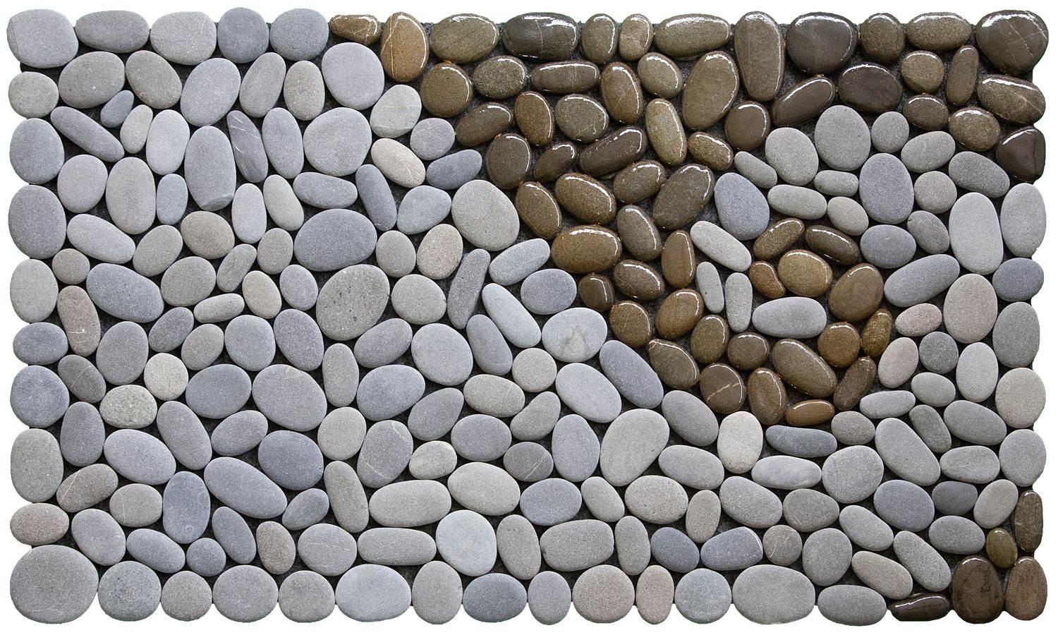 KORU OF THE LAND Stonemat featuring a natural grey koru spiral framed by polished dark stones in a handmade design