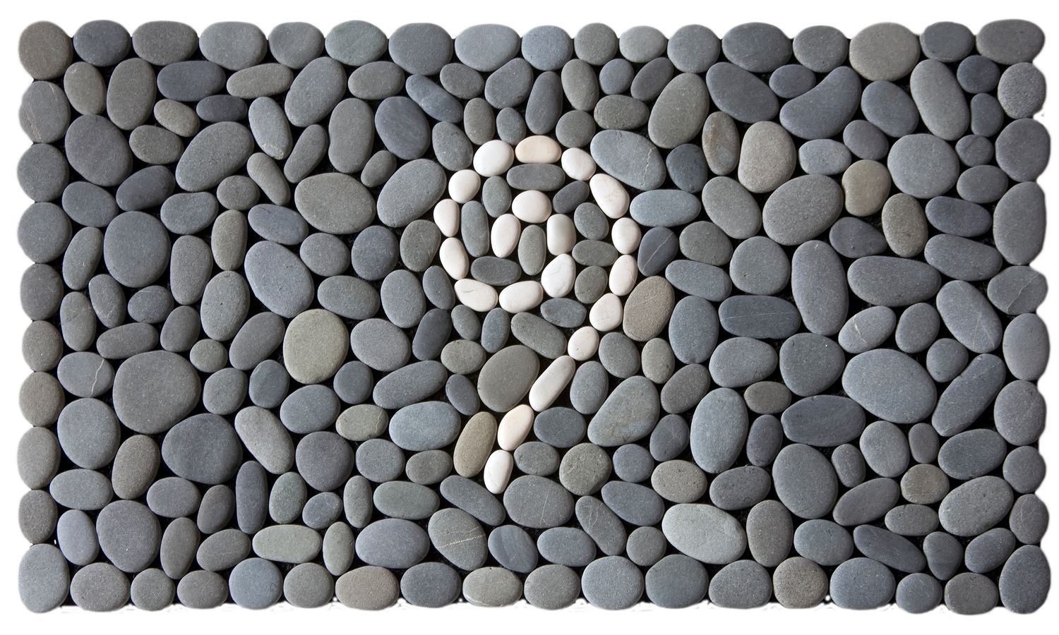 Koru of the Sky Stonemat featuring a vertical white koru spiral reaching upward, surrounded by natural grey stones