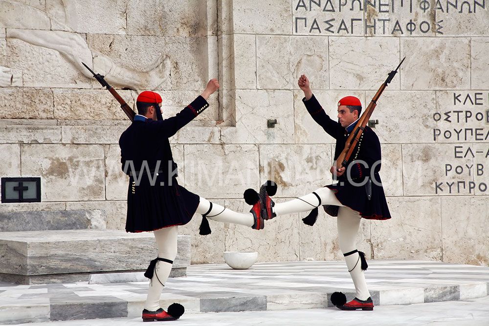 Greek Presidential Guard performing ceremonial duties in Athens, Greece.