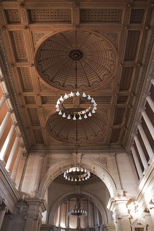 Basilica ceiling with chandelier and copper domes