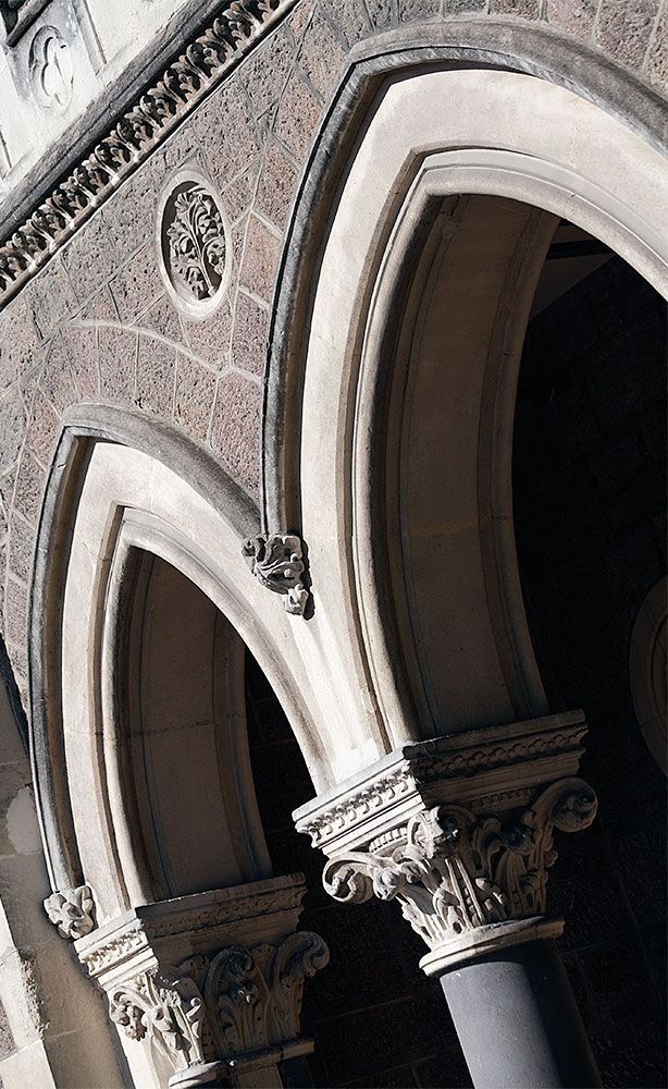 Arts Centre arches in Christchurch, intricate stonework
