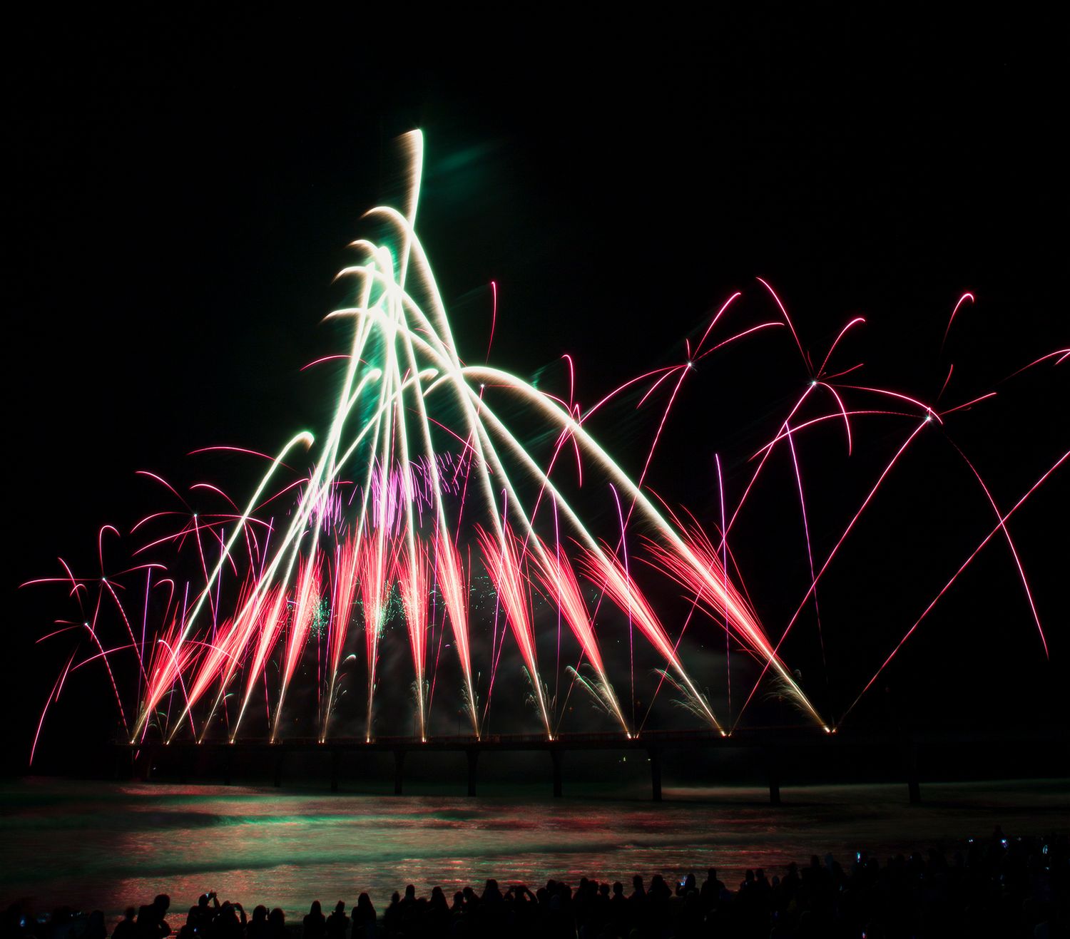 Synchronized V-shaped fireworks at Brighton Beach, Christchurch