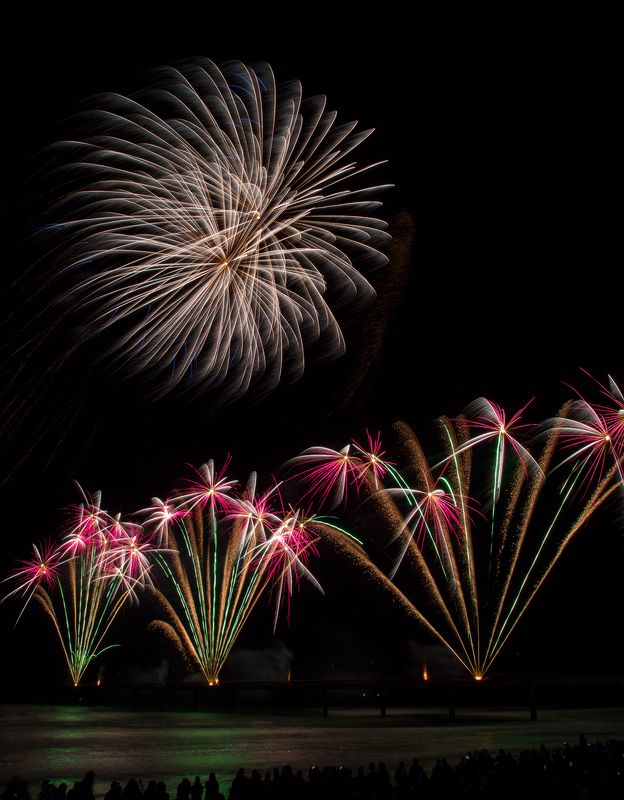 Flower-shaped fireworks at Brighton Pier, Christchurch, New Zealand
