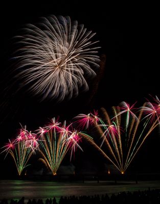 Flower-shaped fireworks at Brighton Pier, Christchurch, New Zealand
