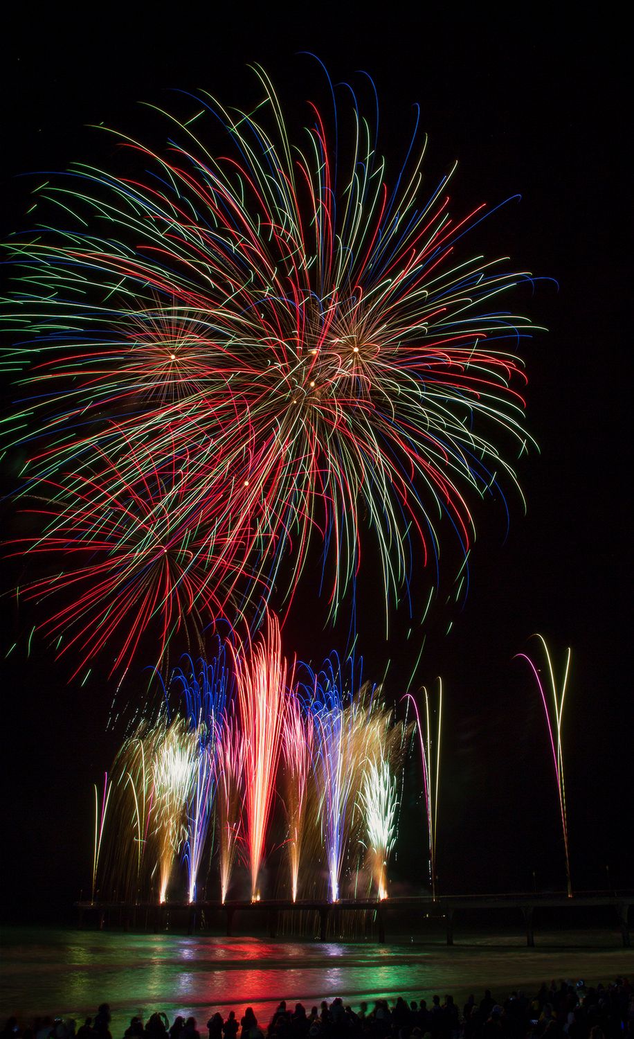 Large flower-shaped firework at Brighton Pier, Christchurch