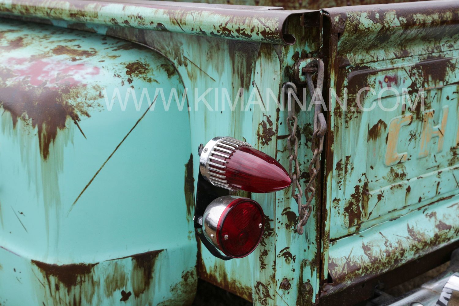 Close-up of a 1969 Chevrolet C10 pickup truck with weathered turquoise paint and bullet-style taillights.