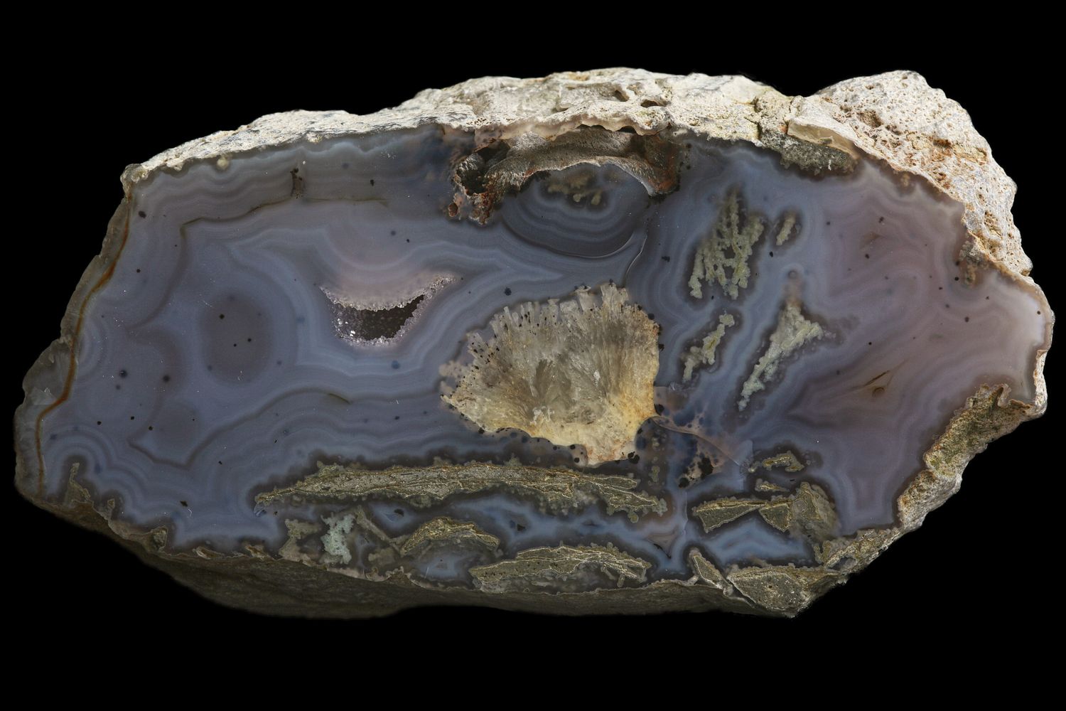 Fortification Agate, calcite inclusion spray, small Drusy Crystalline Geode cavity