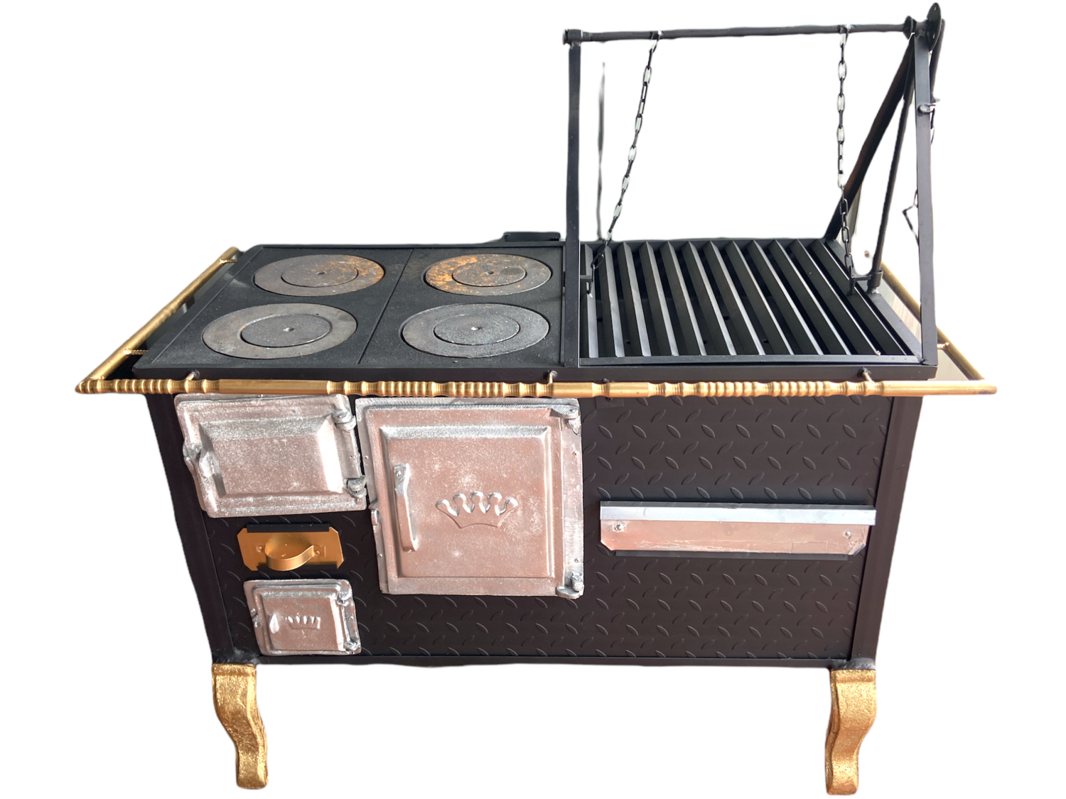 Estufa ecológica 4 puestos  en  lamina alfajor 2.5 mm con  horno  en aluminio  fundido y asador  tipo BBQ.