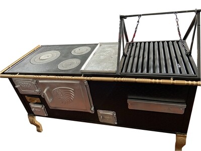 Estufa ecológica 3 puestos  en lamina alfajor de 2,5mm , plancha y horno en  aluminio  , incluye asador BBQ.
