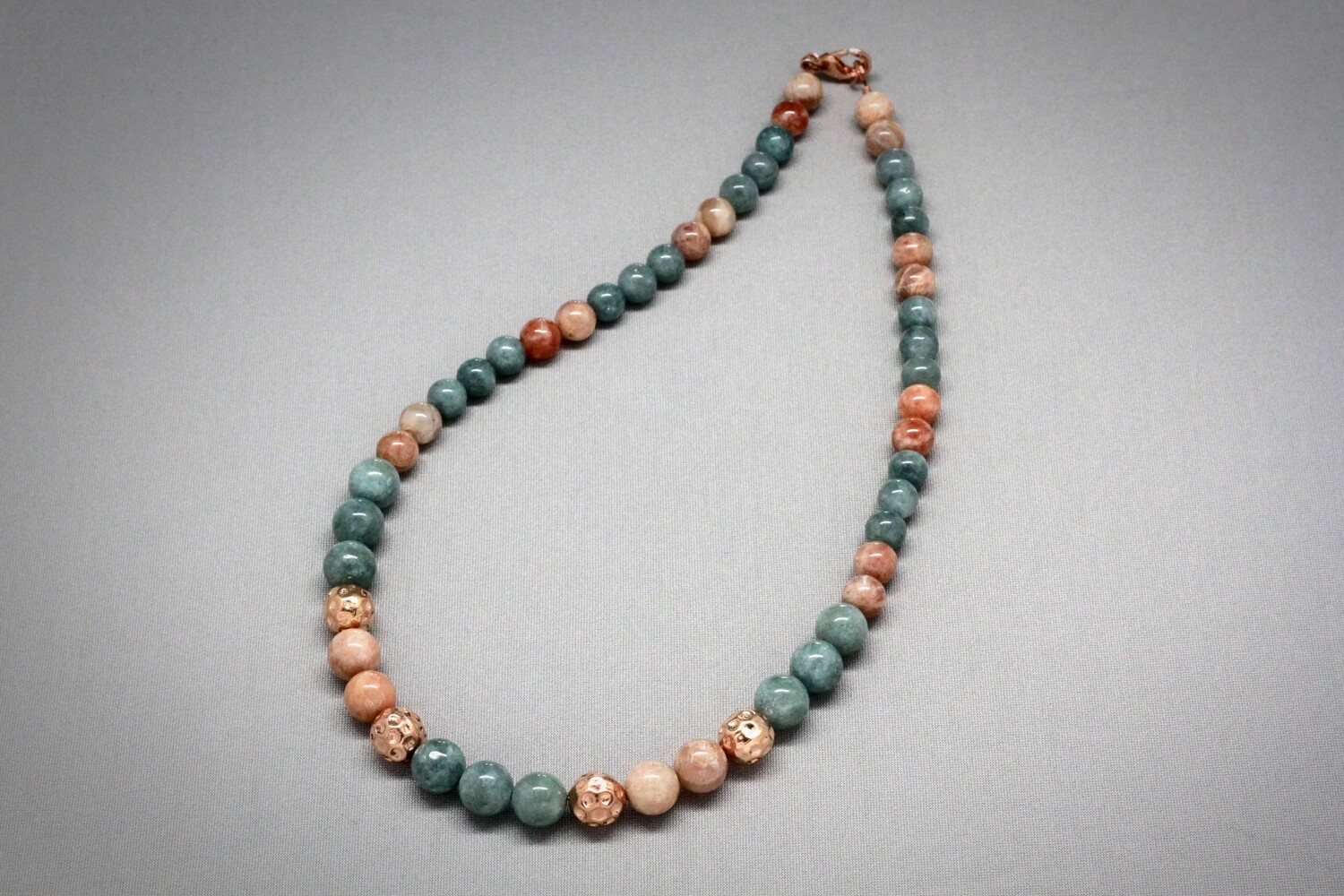 Jade, sunstone and rose gold beaded necklace