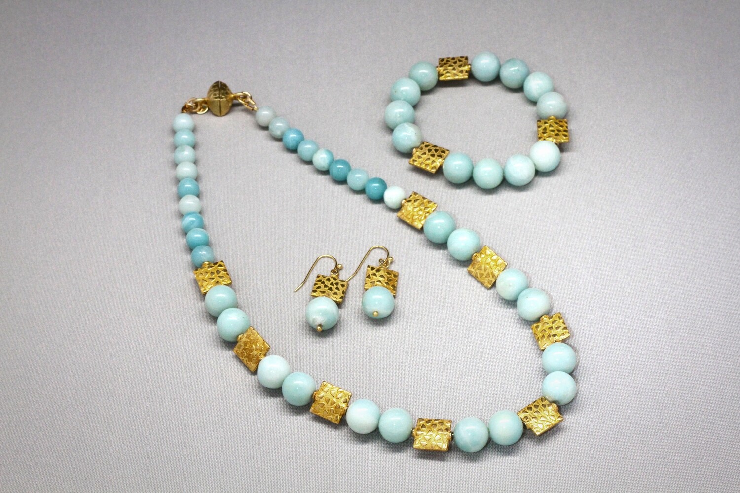 Amazonite and gold beaded necklace, bracelet and earrings