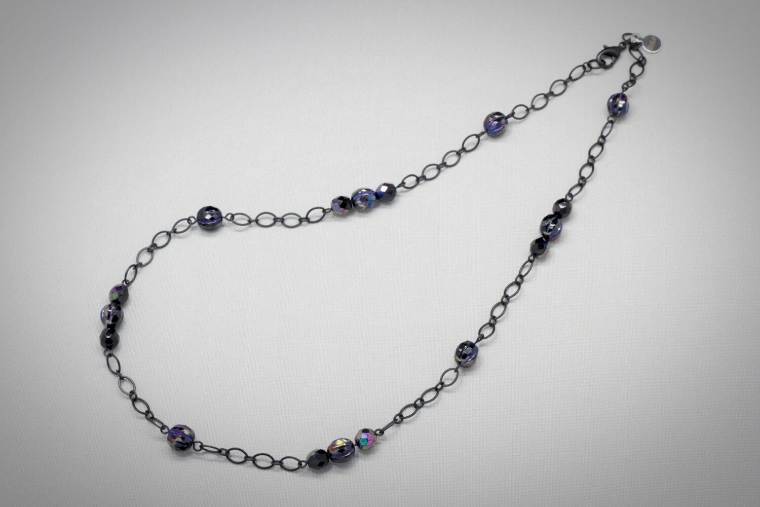 Iridescent glass beads and black matte chain necklace