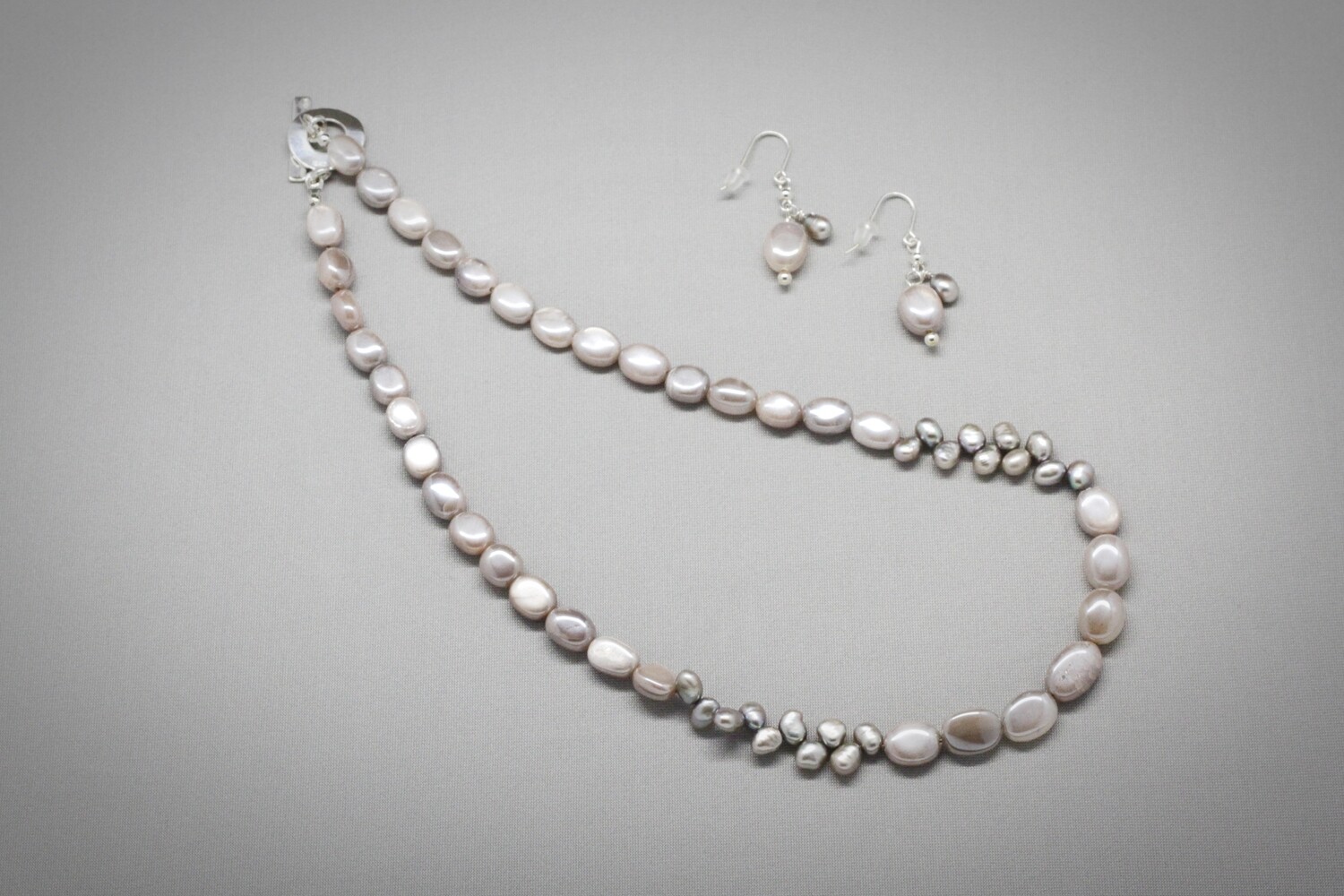 Mystic rose moonstone and silver pearl necklace and earrings