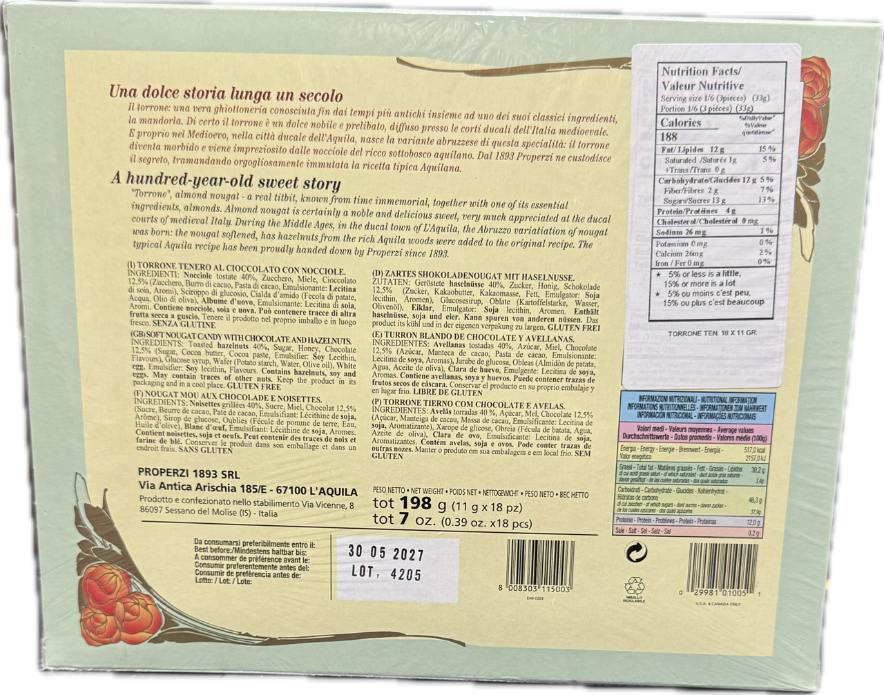 AQUILOTTO - SOFT CHOCOLATE NOUGAT CANDY (TORRONE) WITH HAZELNUTS - BY PROPERZI 1893 L'AQUILA