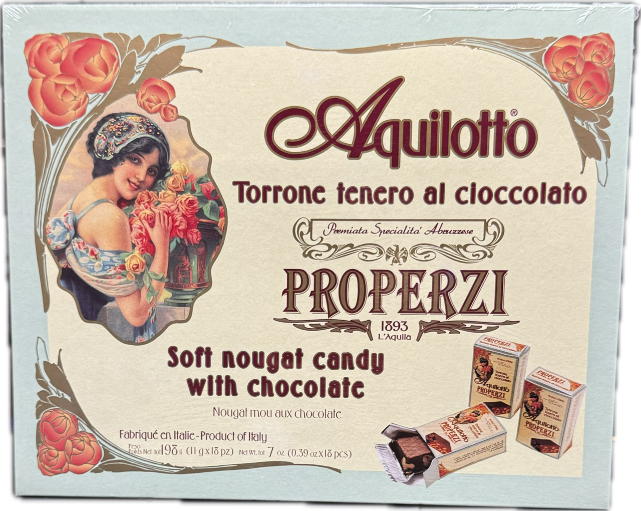 AQUILOTTO - SOFT CHOCOLATE NOUGAT CANDY (TORRONE) WITH HAZELNUTS - BY PROPERZI 1893 L'AQUILA