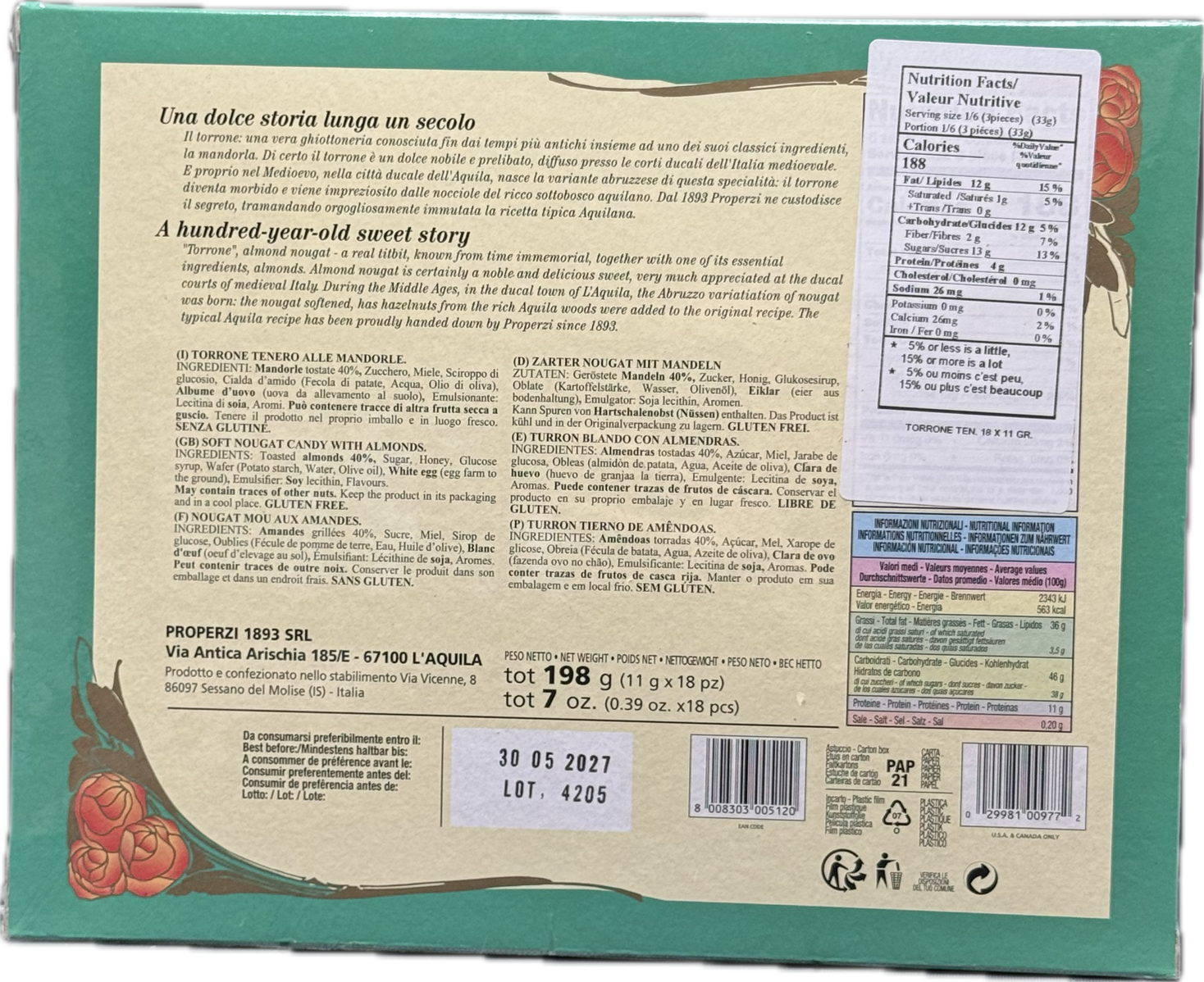 AQUILOTTO - SOFT NOUGAT CANDY (TORRONE) WITH ALMONDS - BY PROPERZI 1893 L'AQUILA