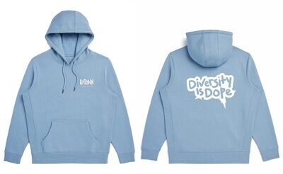 Front and back image of a cloudy blue hoodie. the front features a small white embroidered &quot;uptown society&quot; logo on the chest, while the back has an oversized &quot;diversity is dope&quot; in white text on the back.
