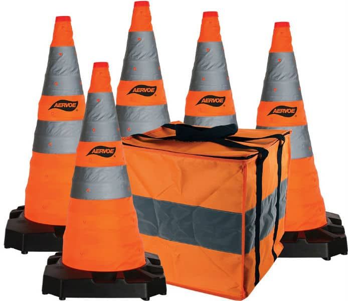 28″ Safety Cone  Collapsible Kit 5-Pack with Red LED Flashing Beacon.