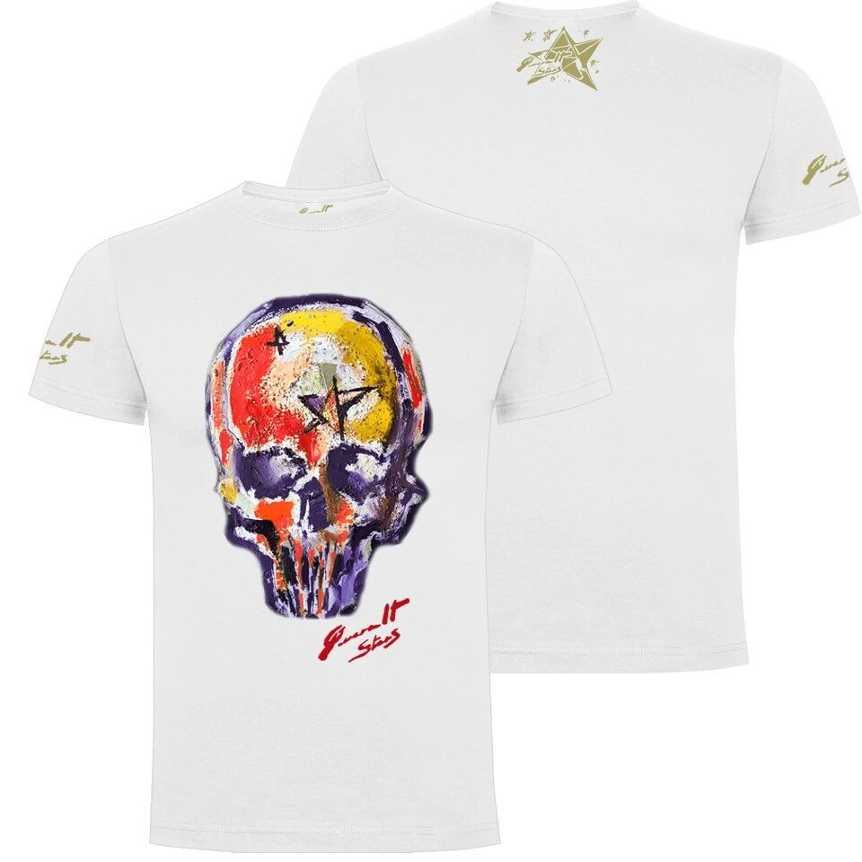 CAMISETA CALAVERA LILA DELANTERA CON PERFIL AMARILLO