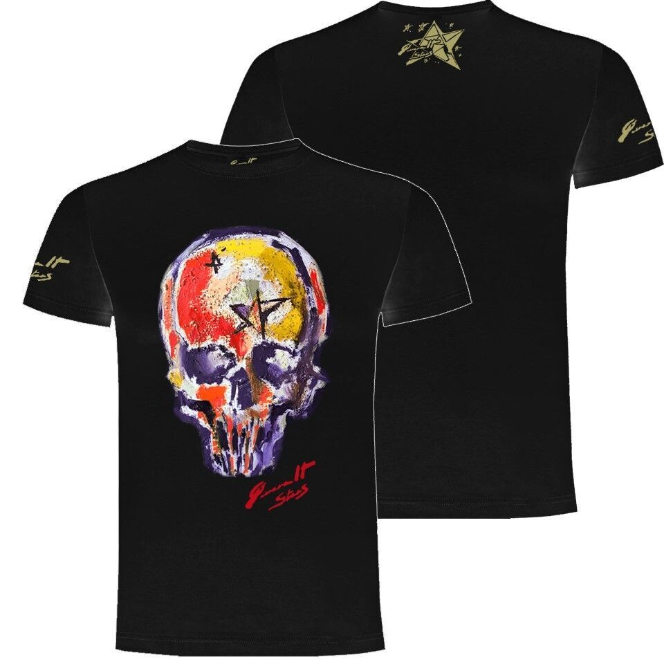 CAMISETA CALAVERA LILA DELANTERA CON PERFIL AMARILLO