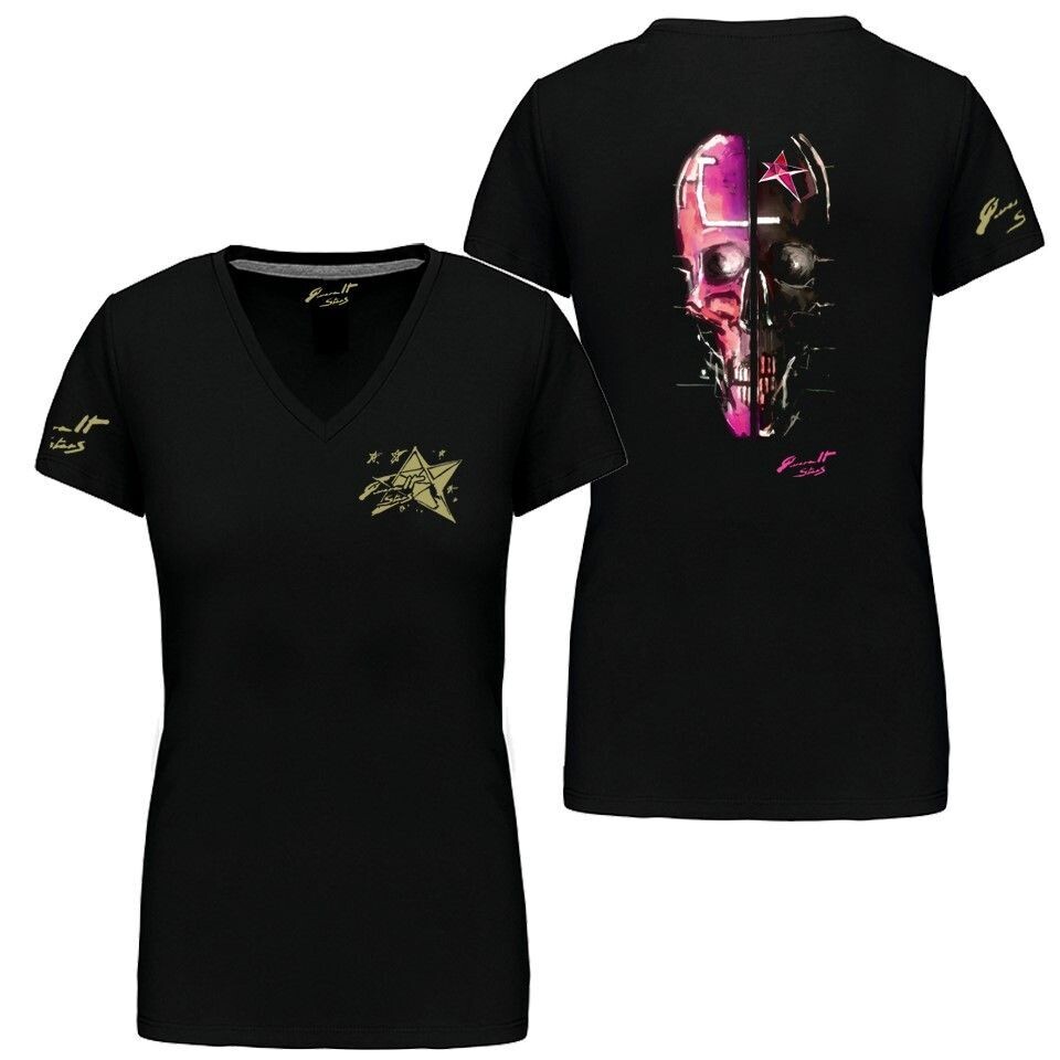 CAMISETA CALAVERA ALARGADA FUXIA DETRÁS