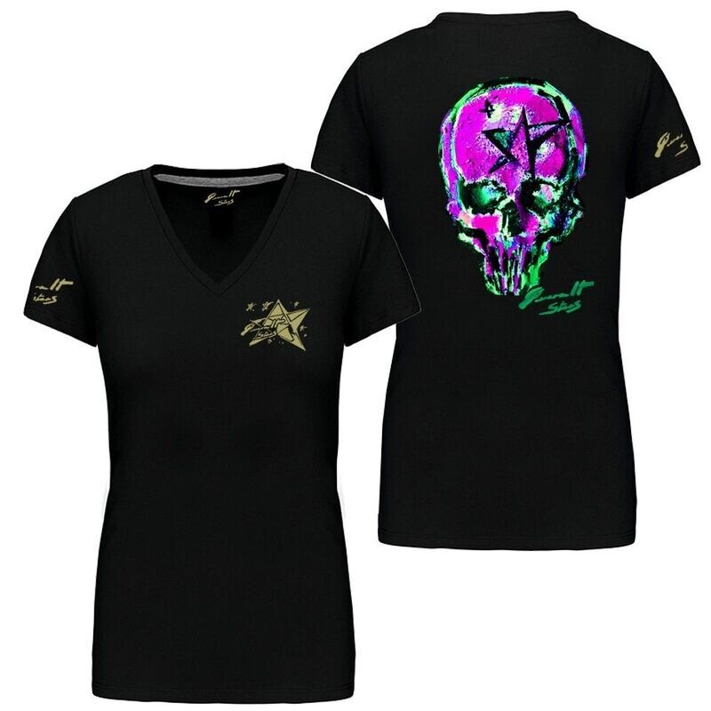CAMISETA CALAVERA MALVA Y TURQUESA DETRÁS