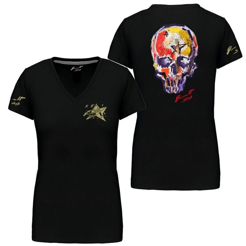 CAMISETA CALAVERA NARANJA -LILA DETRÁS