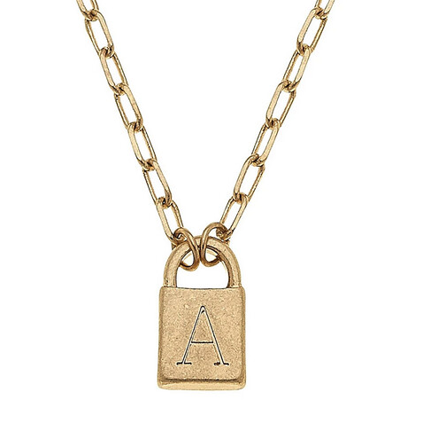 Initial Padlock Necklace Gold, Initial: A