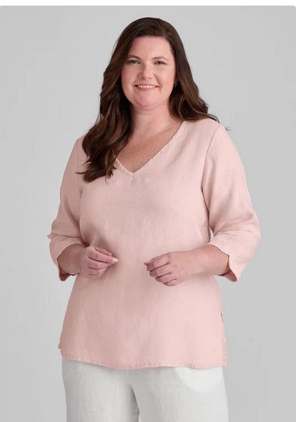 Flax Linen V Pullover, Color: Shell Pink, Size: S