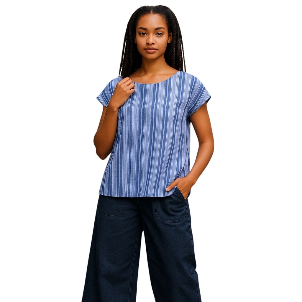 Flax Stripe Tuck Back Tee, Size: S, Color: Sky