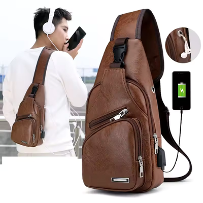 Grenzüberschreitende PU-Leder-Umhängetasche für Herren, USB-Aufladung, Brusttasche für Herren, diagonales Paket, Umhängetasche