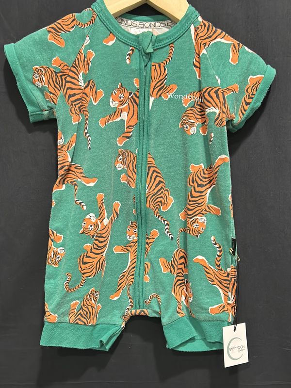 3-6m Bonds Green Tiger Shortie Romper