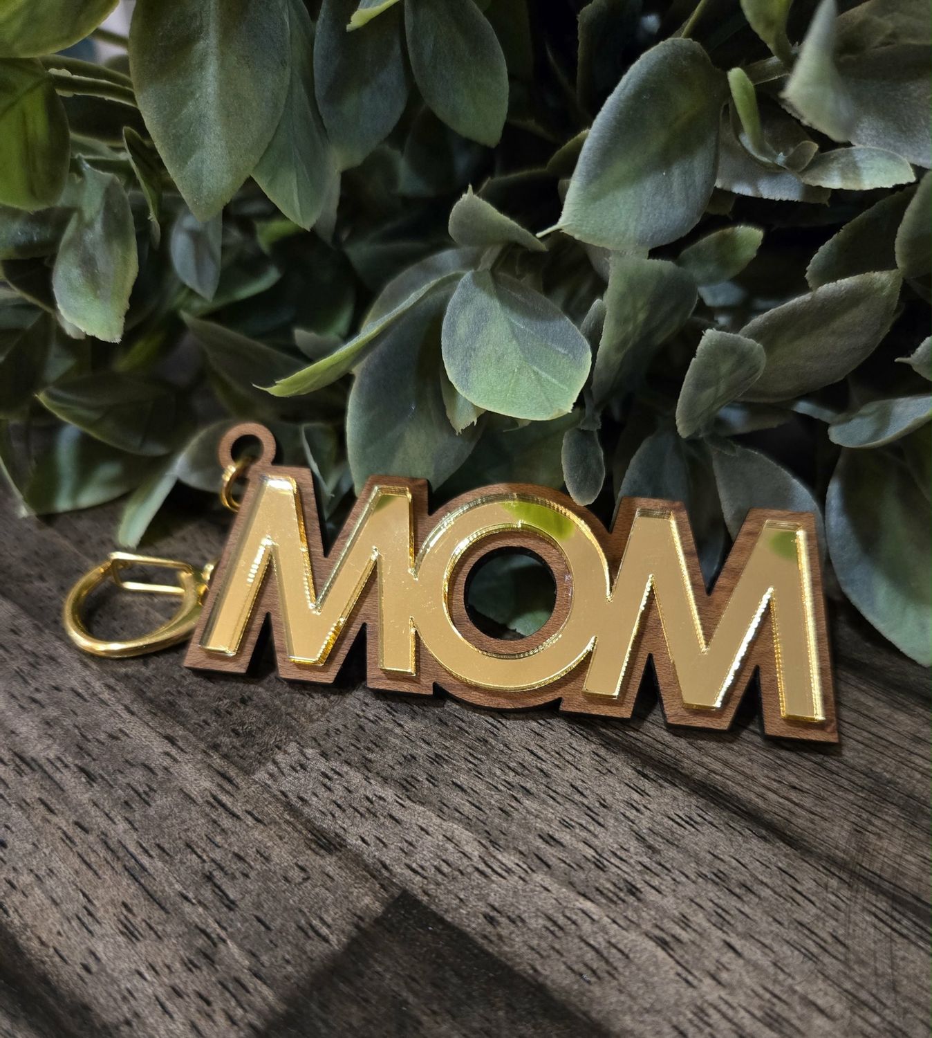 Mom Gold Wood Keychain