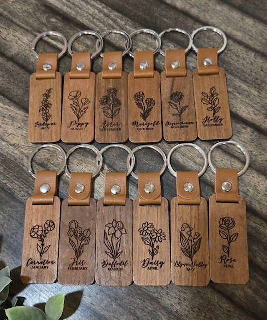 Birth Flower Wood Keychains