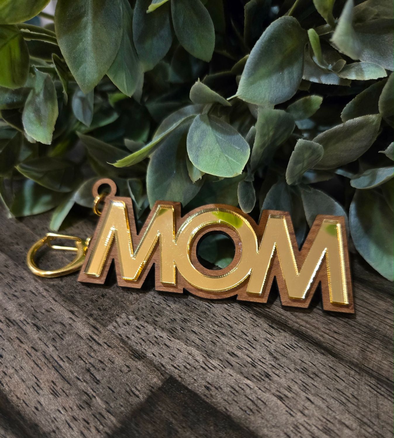 Mom Gold Wood Keychain
