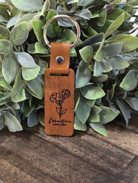 Birth Flower Wood Keychains, Month: January- Carnation