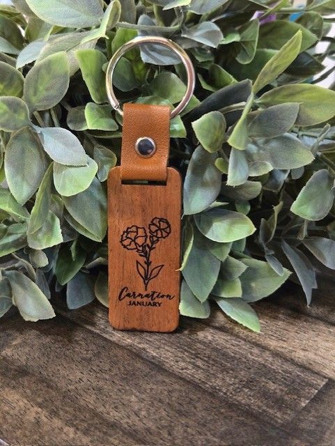 Birth Flower Wood Keychains, Month: January- Carnation
