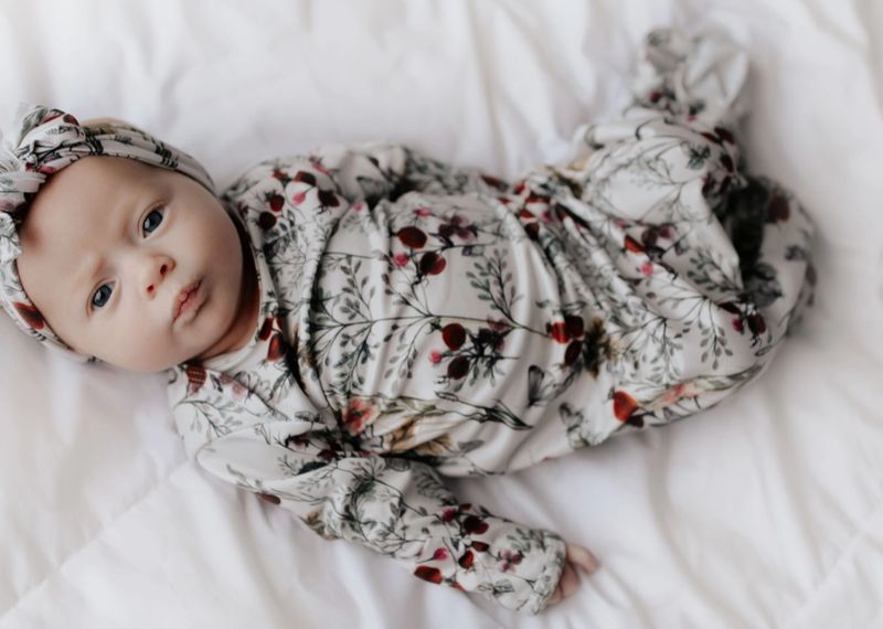 Floral Print Knotted Baby Gown With Hat