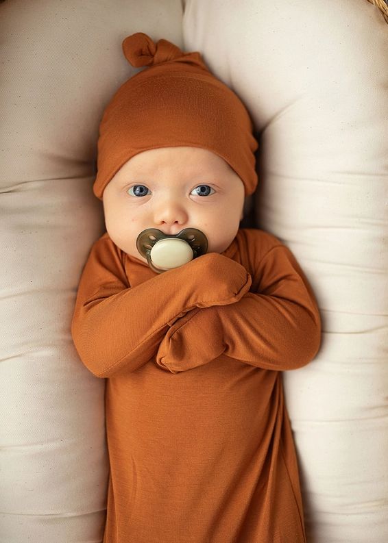 Burnt Orange Knotted Baby Gown With Hat