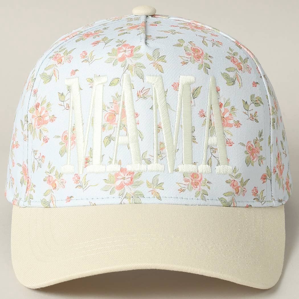 MAMA Flower Trucker Hat: BLUE/BEIGE